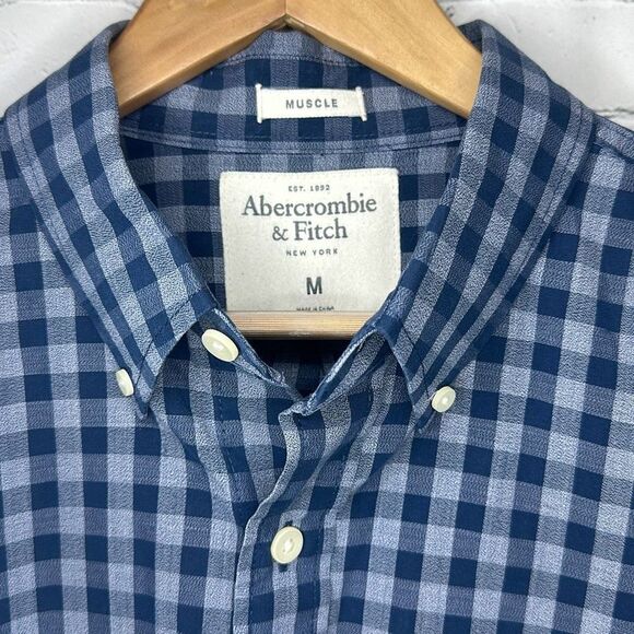 Abercrombie & Fitch Mens Blue Checked Long Sleeve Muscle Shirt size M Medium - Picture 3 of 5